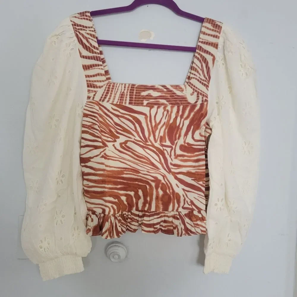 NWT Anthropologie Smocked Puff-Sleeve Blouse | L